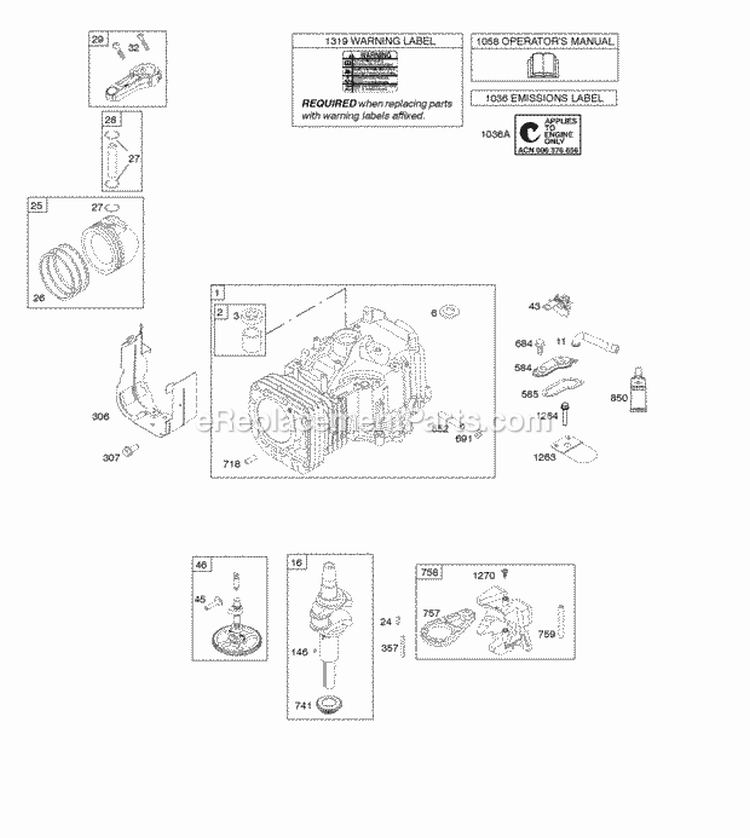 Camshaft Crankshaft Cylinder OperatorS Manual Piston Rings Connecting Rod Warning Label Diagram and Parts List for  Briggs and Stratton Engine